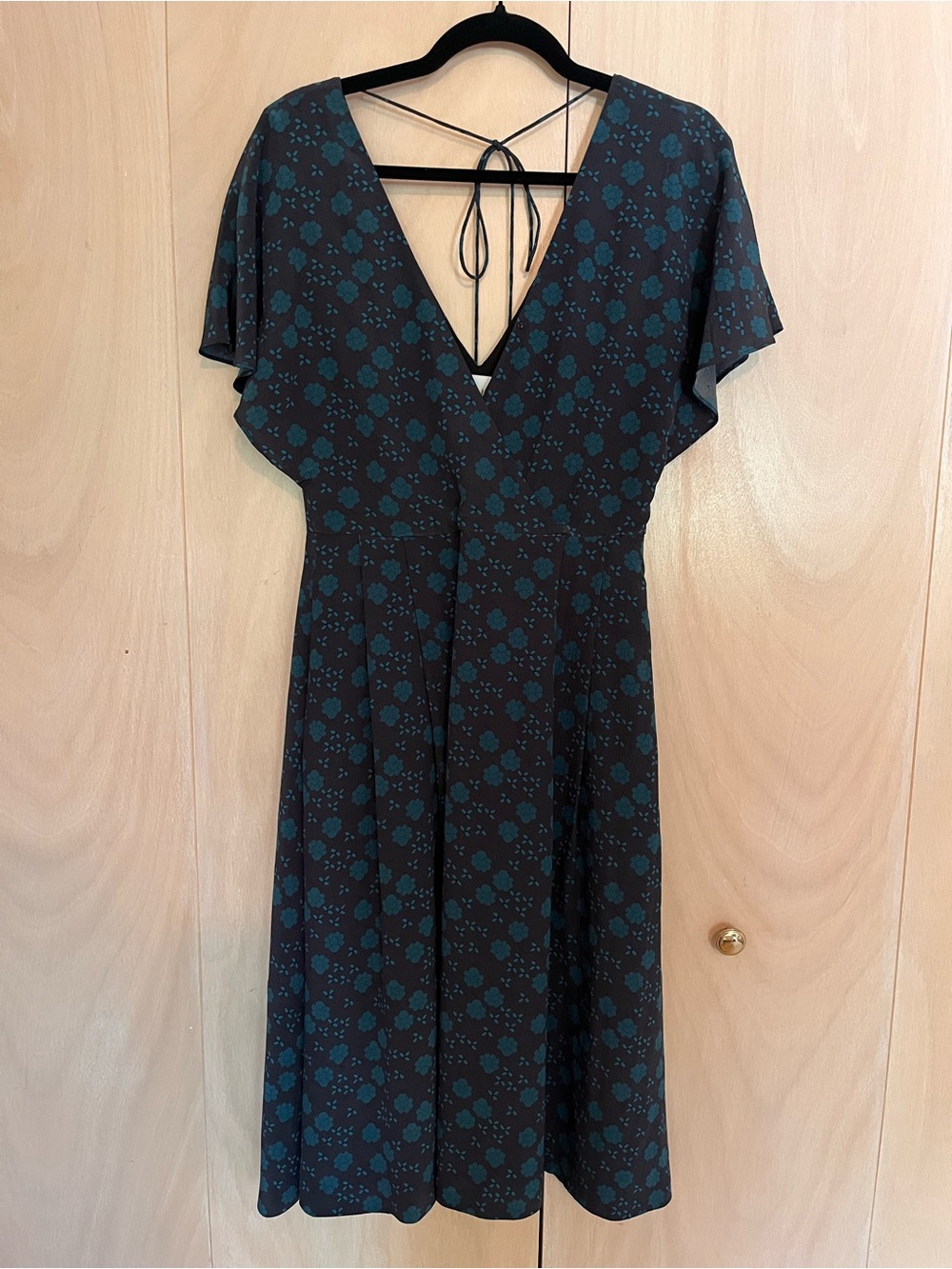 Steven Alan Black and Teal Floral V-Neck Midi Dress